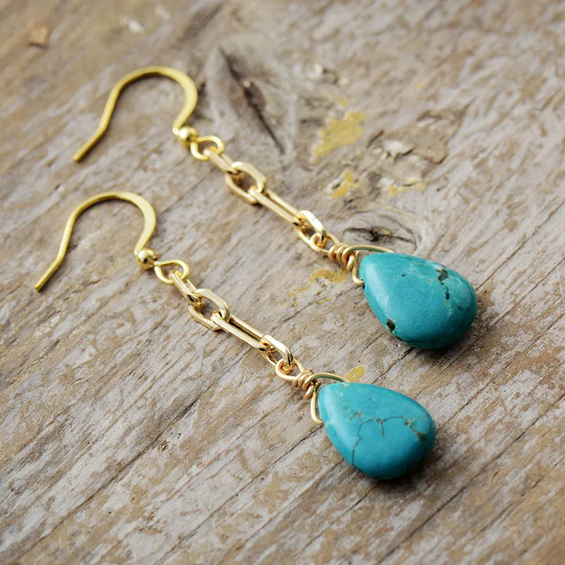 Natural Turquoise Gold Plated Long Earrings