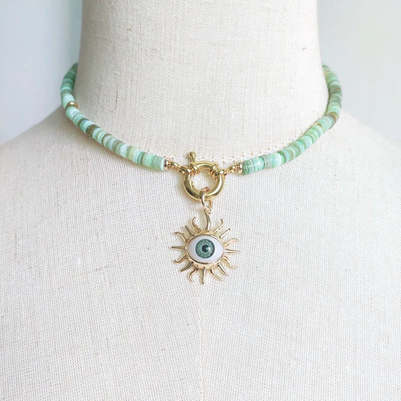 Natural Jade, Amazonite & Shell Evil Eye Gold Plated Lariat Necklace