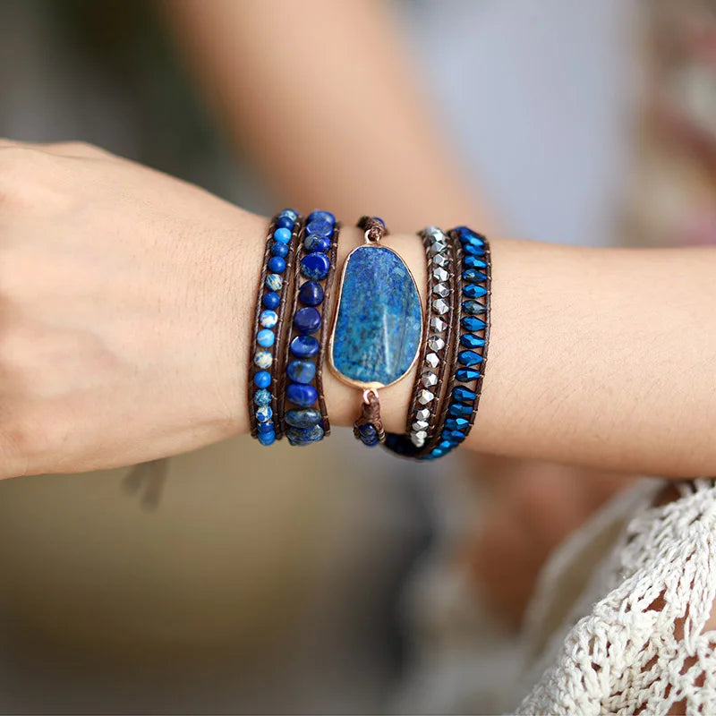 Natural Lapis Lazuli & Blue Jasper Vegan Wrap Bracelet