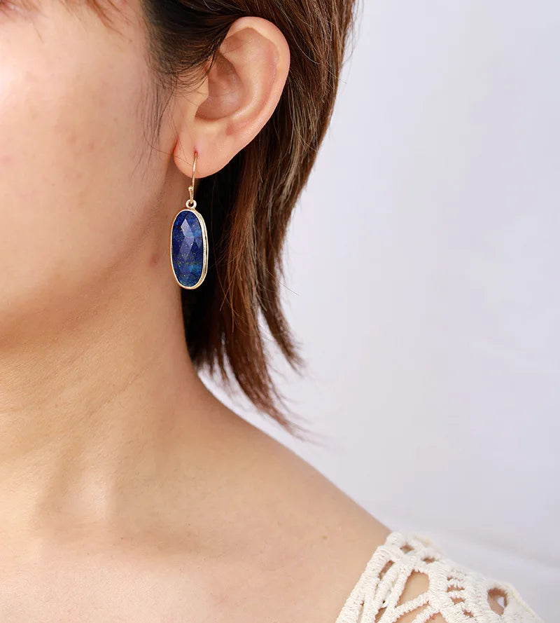 Natural Lapis Lazuli Gold Plated Oval Long Earrings