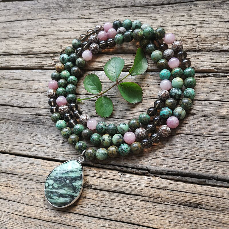 Natural African Turquoise, Smokey Quartz, Pietersite & Rose Quartz 108 Beads Mala Necklace / Bracelet