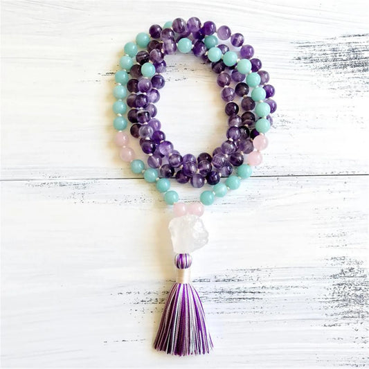 Natural Amethyst, Agate, Amazonite & Rose Quartz 108 Beads Mala