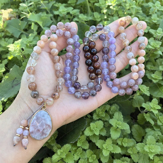 Natural Lodolite, Garnet, Sunstone, Amethyst & Pink Onyx Pendant 108 Beads Mala Set