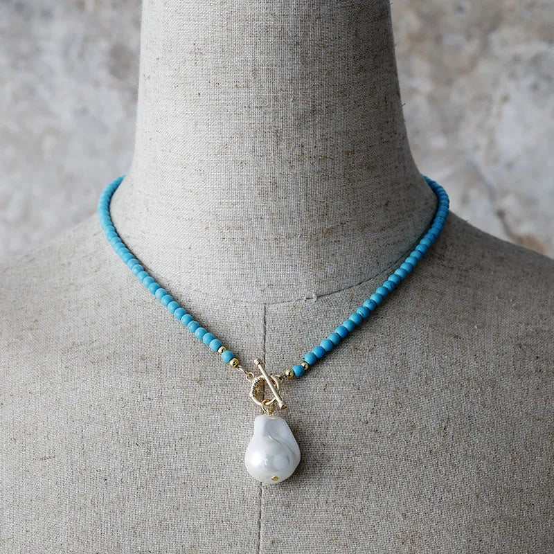 Natural Turquoise & Freshwater Pearl Lariat Necklace