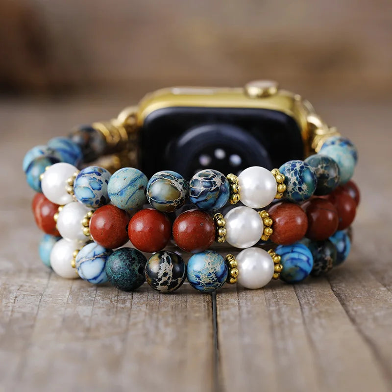 Natural Mixed Jasper & Freshwater Pearls Smartwatch Band