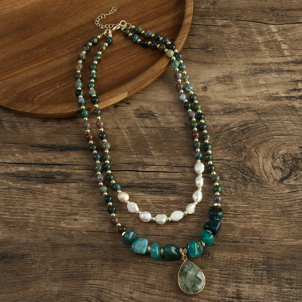 Natural Pearls, Indian Agate, Apatite & Prehnite Pendant Double Layer Necklace