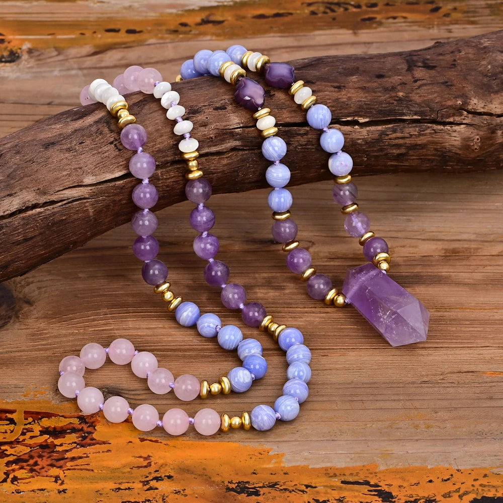Natural Agate, Rose Quartz & Amethyst Crystal Pillar Necklace