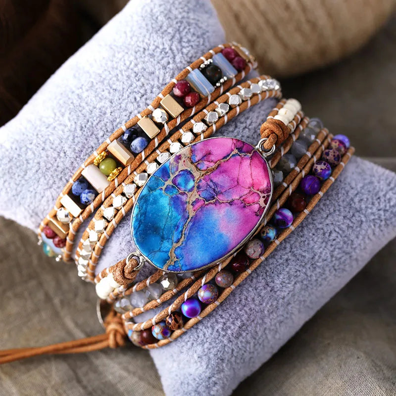 Natural Sea Sediment Jasper & Agate Vegan Leather Wrap Bracelet