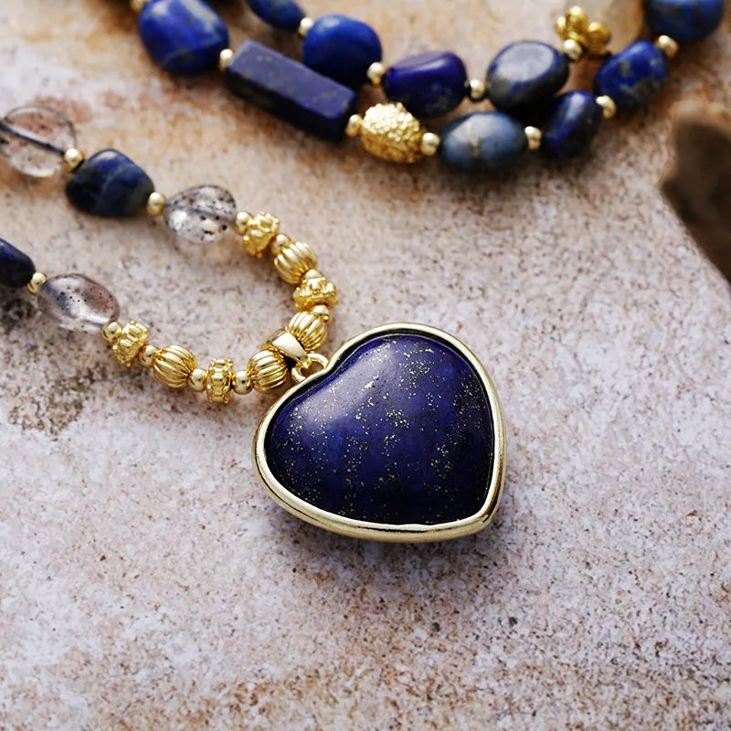 Natural Lapis Lazuli & Clear Quartz Heart Necklace