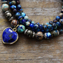 Load image into Gallery viewer, Natural Ocean Jasper &amp; Lapis Lazuli Heart 108 Beads Mala Necklace / Bracelet
