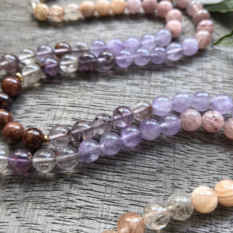 Natural Lodolite, Garnet, Sunstone, Amethyst & Pink Onyx Pendant 108 Beads Mala Set