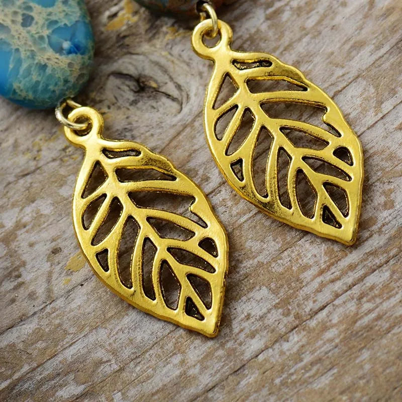 Natural Blue Imperial Jasper Gold Plated Leaf Earrings