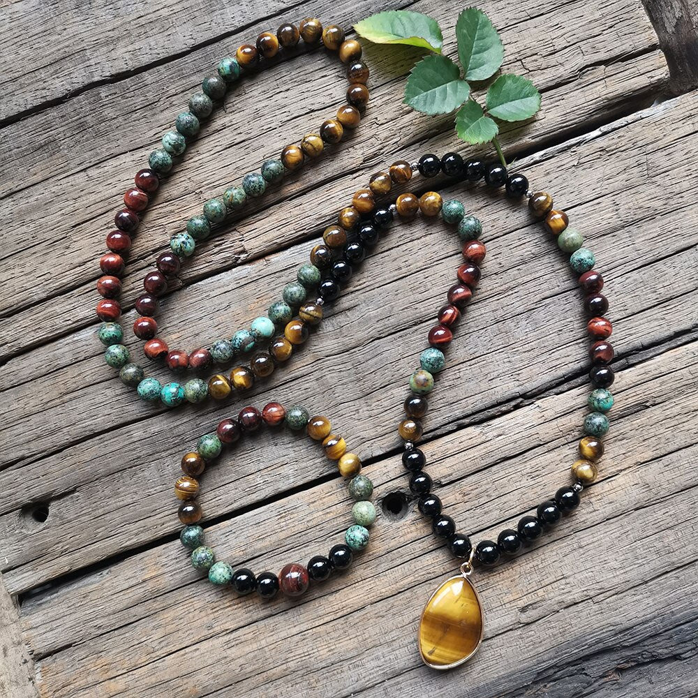 Natural African Turquoise, Tiger's Eye & Onyx 108 Beads Mala Necklace / Bracelet