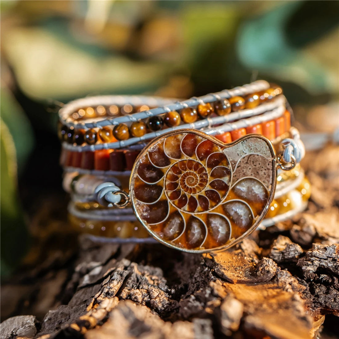 Natural Ammonite, Tiger Eye, Agate & Jasper Vegan Wrap Bracelet