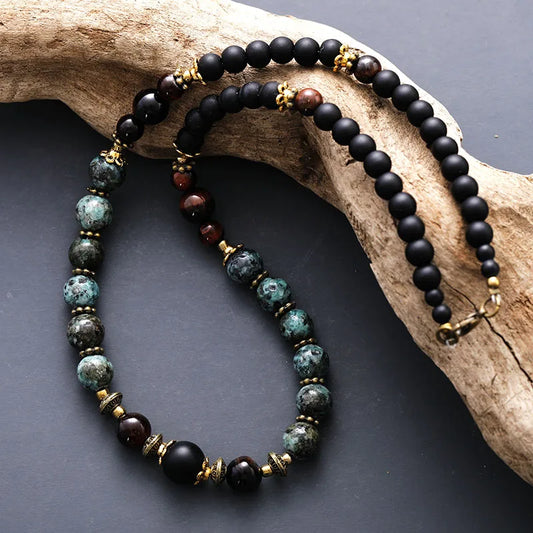 Natural African Turquoise, Black Onyx, Tiger's Eye Beaded Choker Necklace