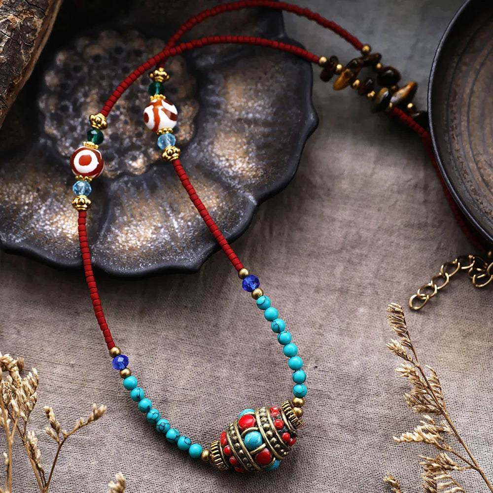 Natural Turquoise, Red Jasper, Tiger Eyes & Nepal Charm Ethnic Necklace