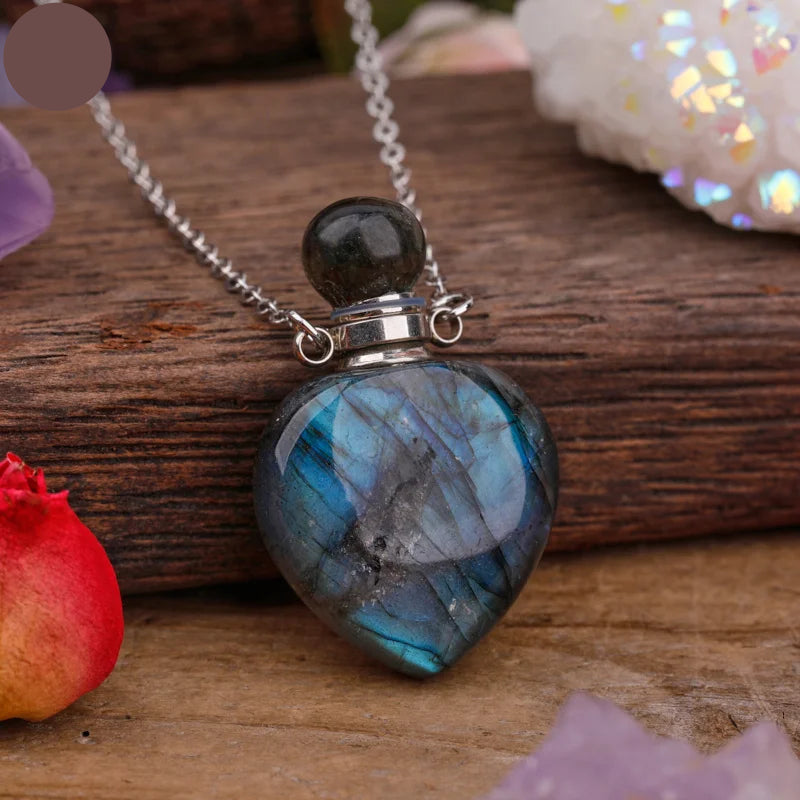 Natural Labradorite Heart Shaped Perfume Bottle Necklace