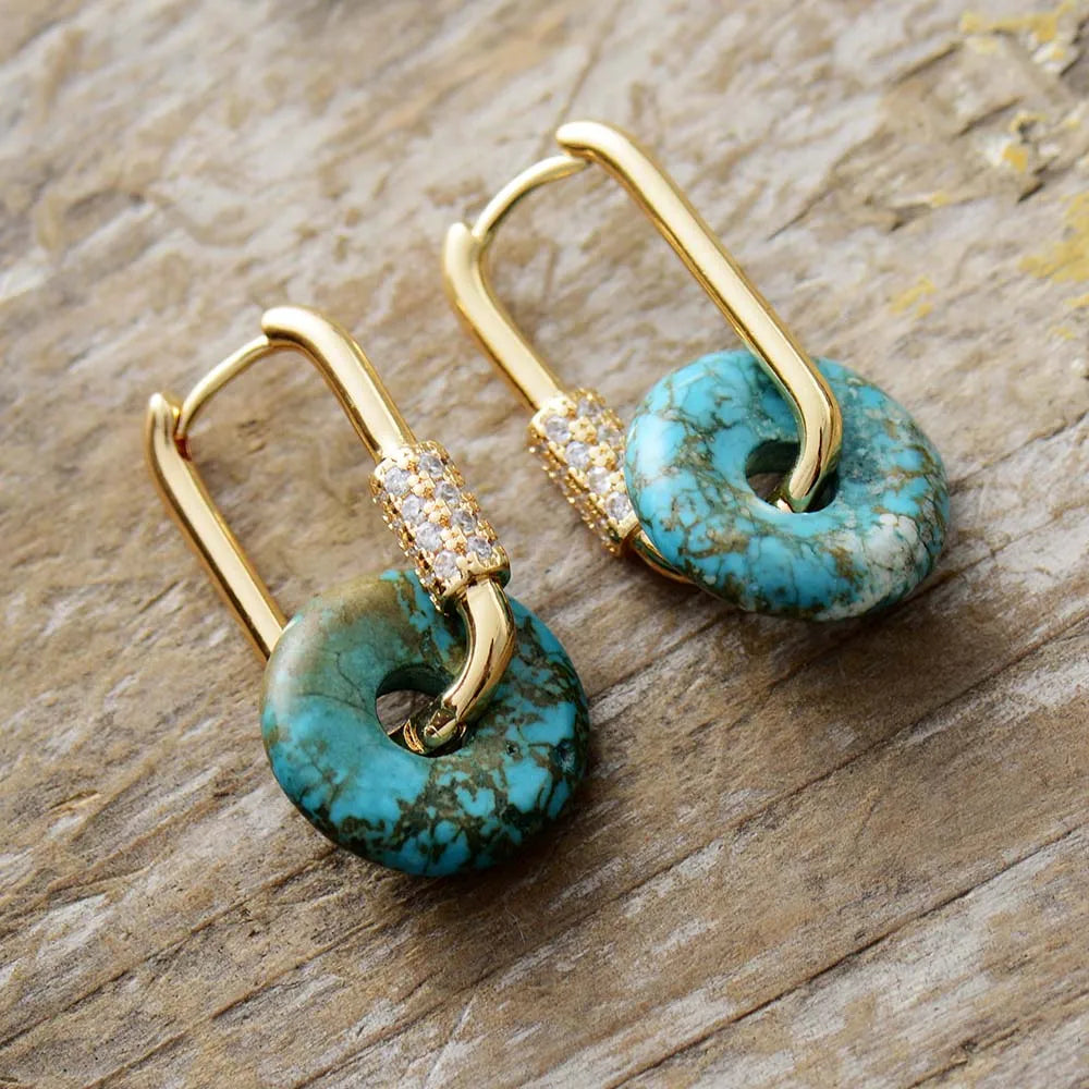 Natural Turquoise Disc Pendants Gold Plated Classy Earrings