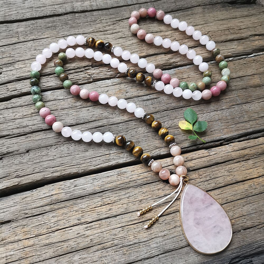 Natural Sunstone, Jasper, Rose Quartz, Tiger Eye & Rhodonite 108 Beads Mala Necklace / Bracelet