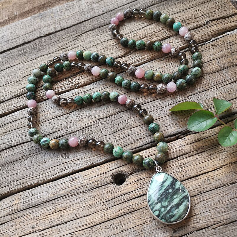 Natural African Turquoise, Smokey Quartz, Pietersite & Rose Quartz 108 Beads Mala Necklace / Bracelet