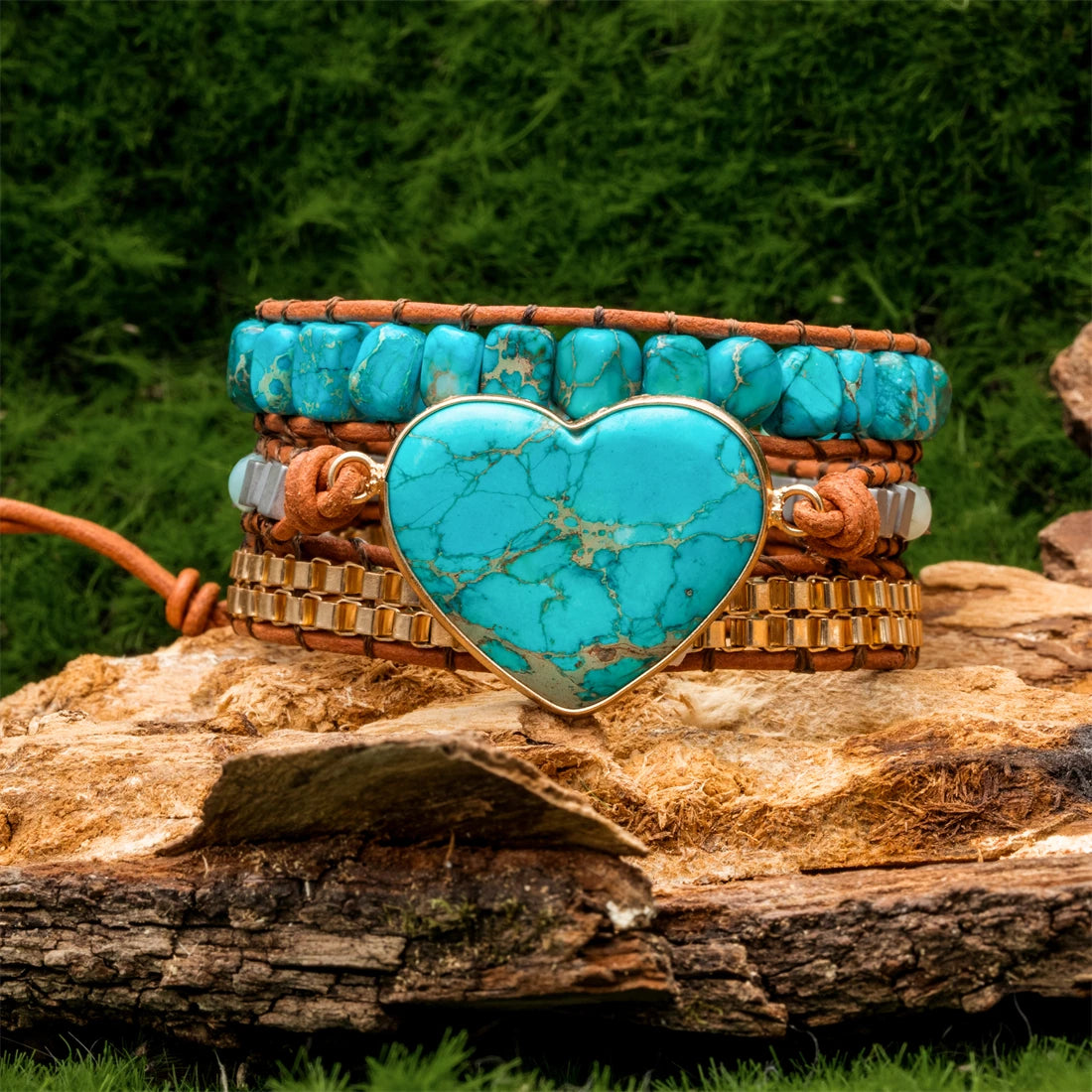 Natural Jasper Turquoise Heart Leather Wrap Bracelet