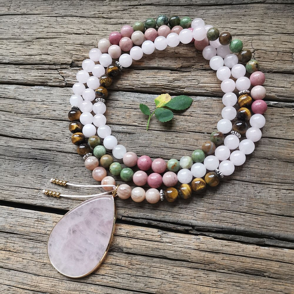 Natural Sunstone, Jasper, Rose Quartz, Tiger Eye & Rhodonite 108 Beads Mala Necklace / Bracelet