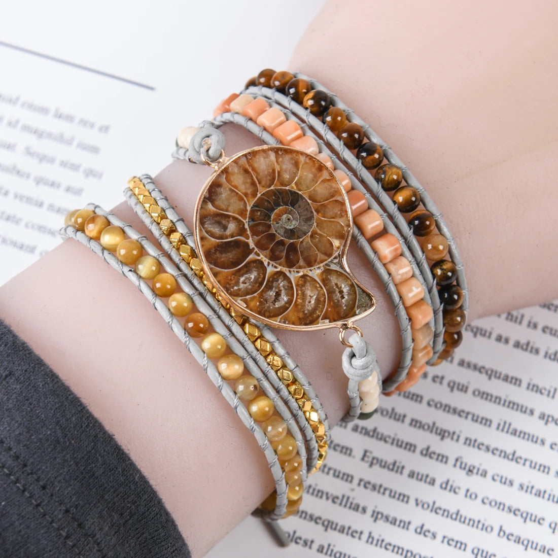 Natural Ammonite, Tiger Eye, Agate & Jasper Vegan Wrap Bracelet