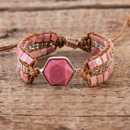 Natural Rhodonite Hexagonal Charm Wrap Bracelet