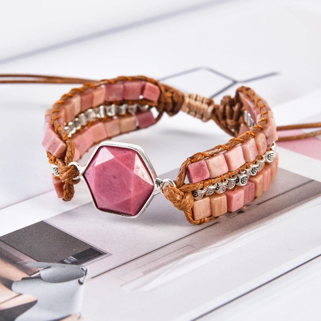 Natural Rhodonite Hexagonal Charm Wrap Bracelet