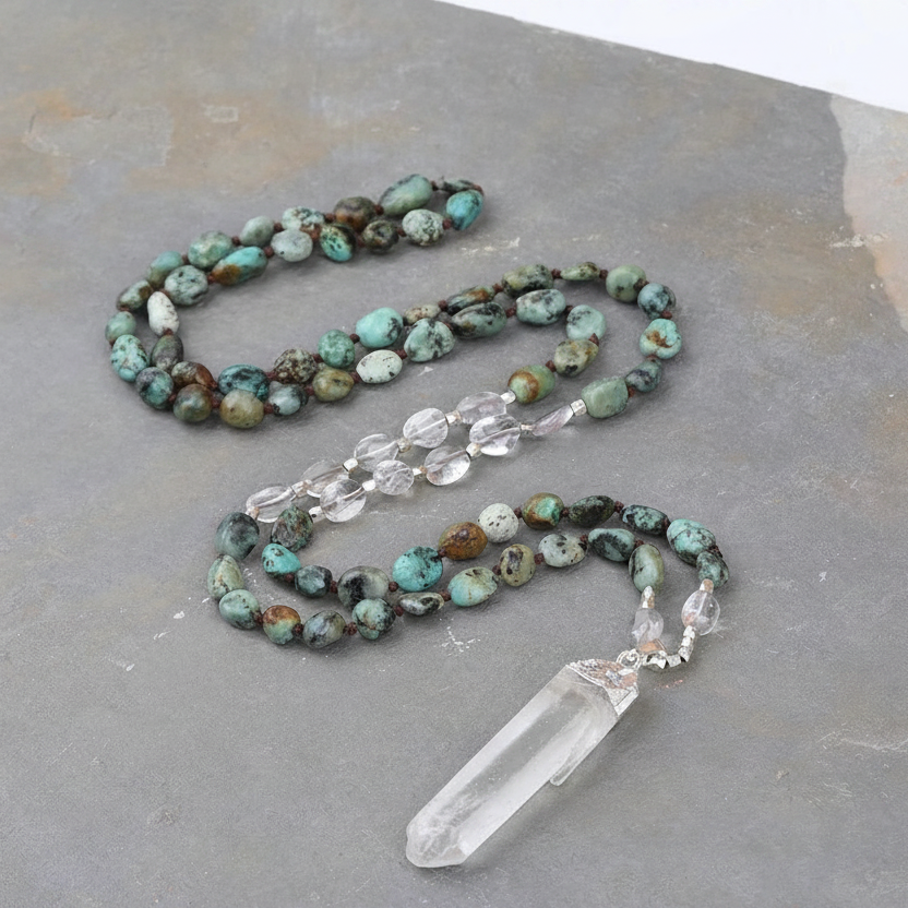 African Turquoise & Clear Quartz Necklace
