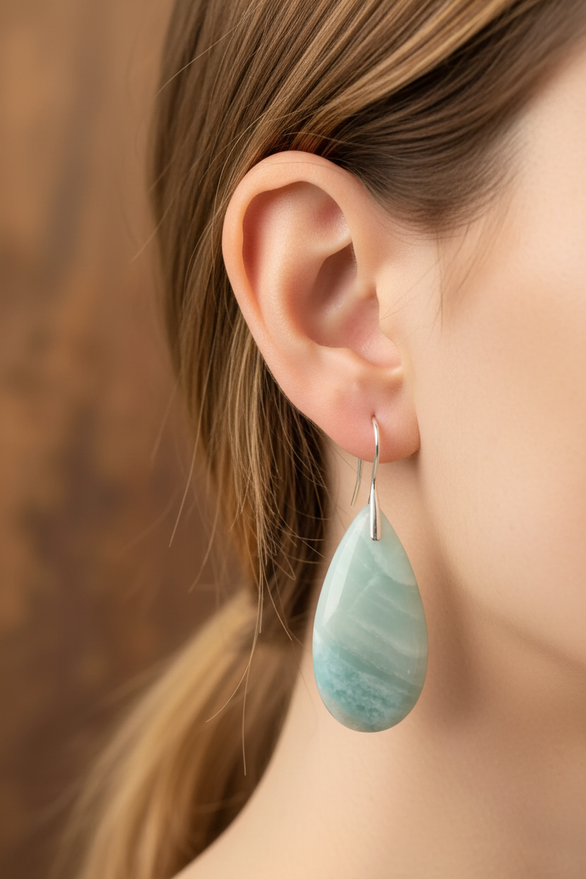 Amazonite teardrop earrings on model's ear