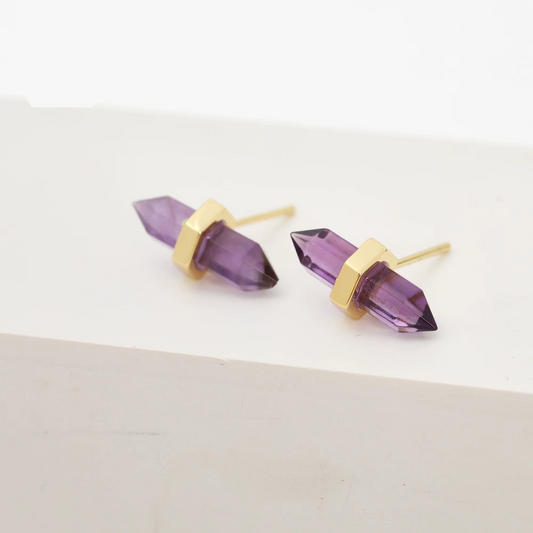 Natural Amethyst Double Pointed Wand Gold Plated Stud Earrings