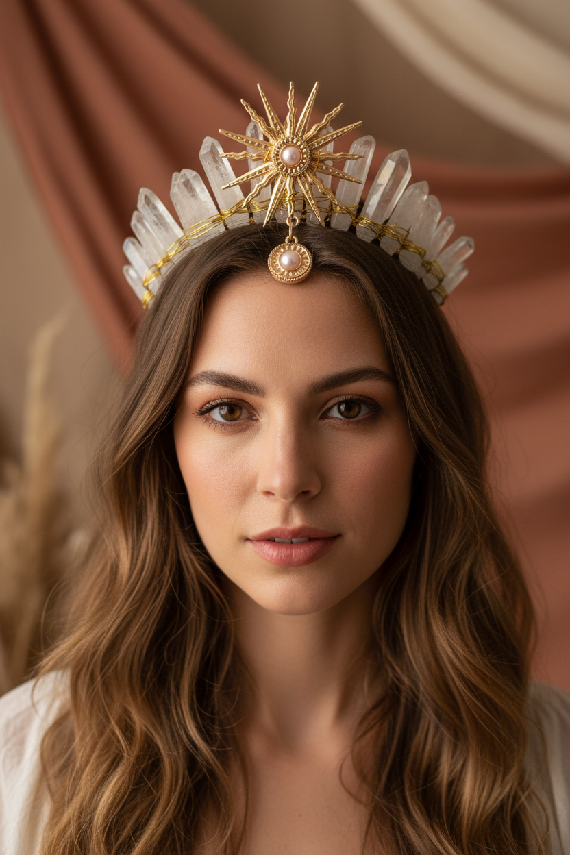 Boho style model wearing crystal tiara