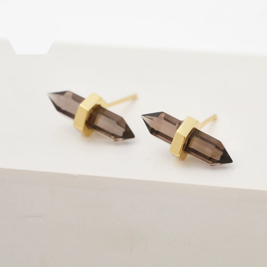 Natural Smokey Quartz Double Pointed Wand Gold Plated Stud Earrings