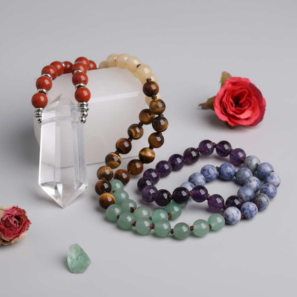 Gemstone bracelets with upright crystal on light background