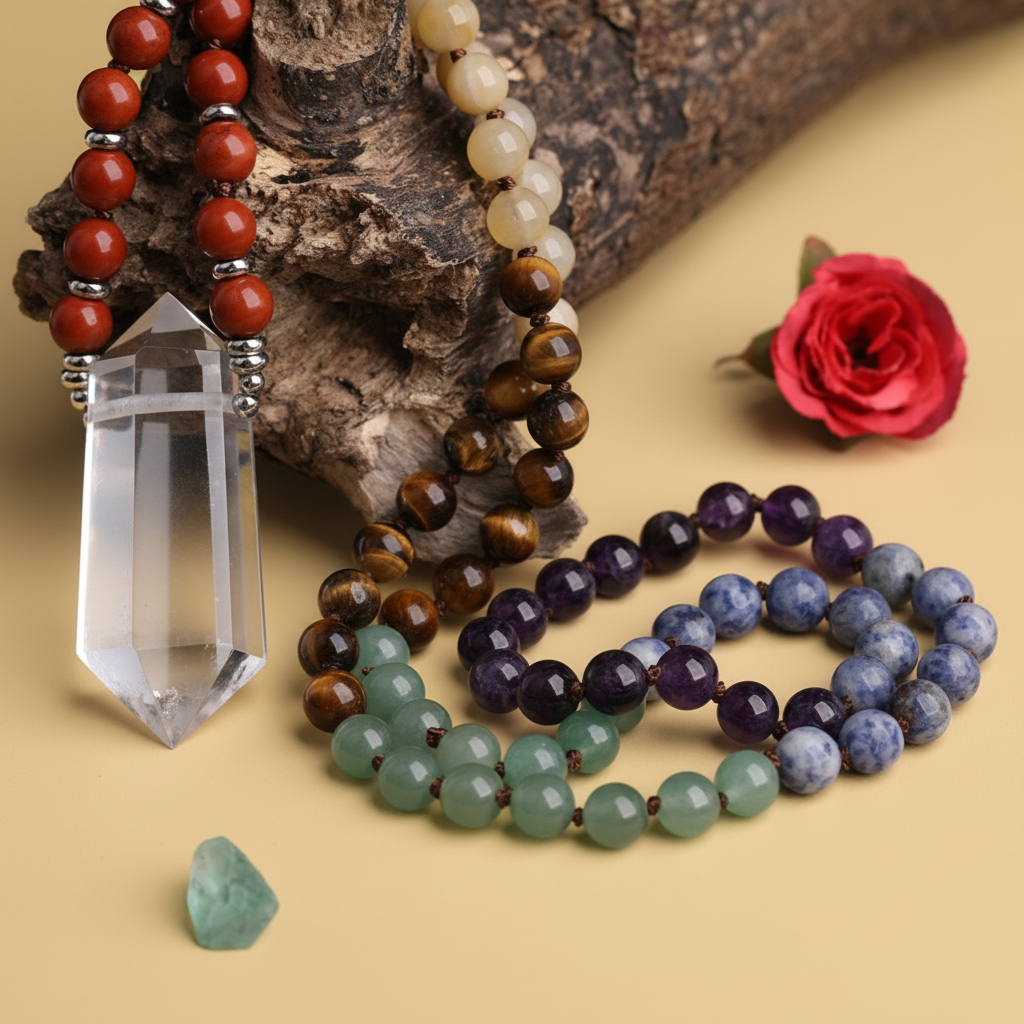 Gemstone bracelets with upright crystal on warm yellow background