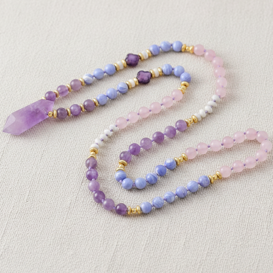 Natural Agate, Rose Quartz & Amethyst Crystal Pillar Necklace