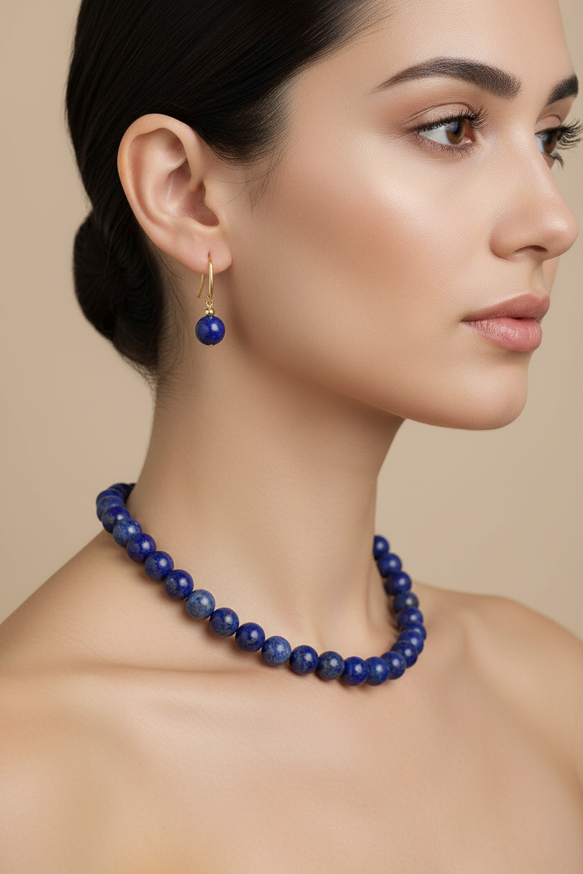 Lapis lazuli jewelry on model profile