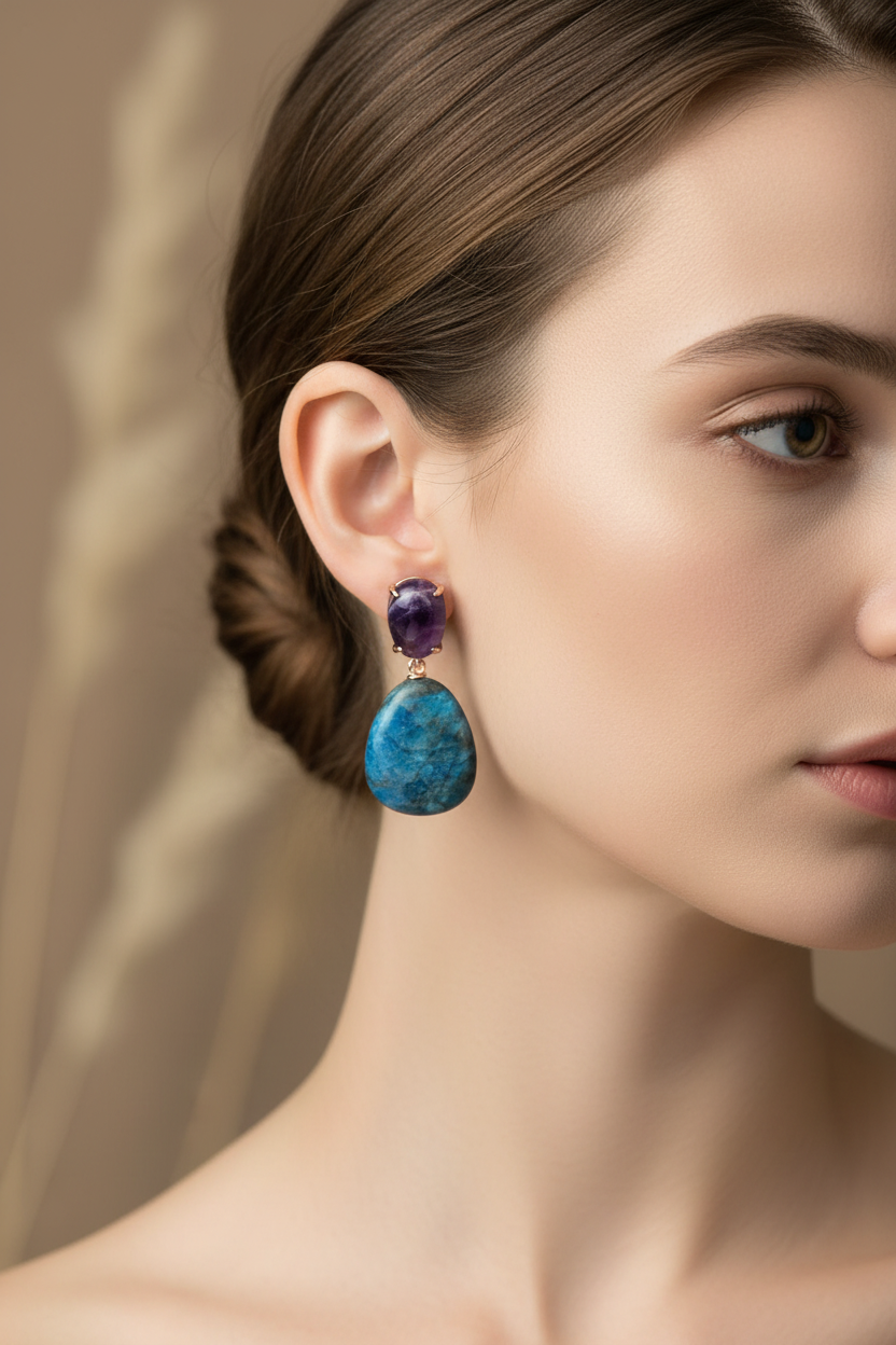 Model wearing 4cm amethyst and blue apatite drop earrings