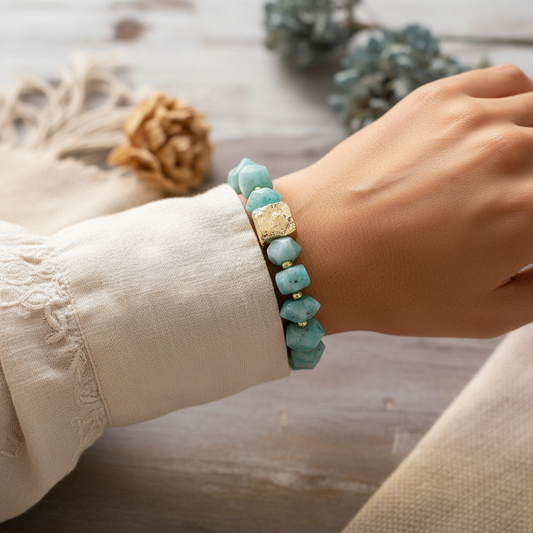 Model wearing amazonite bracelet