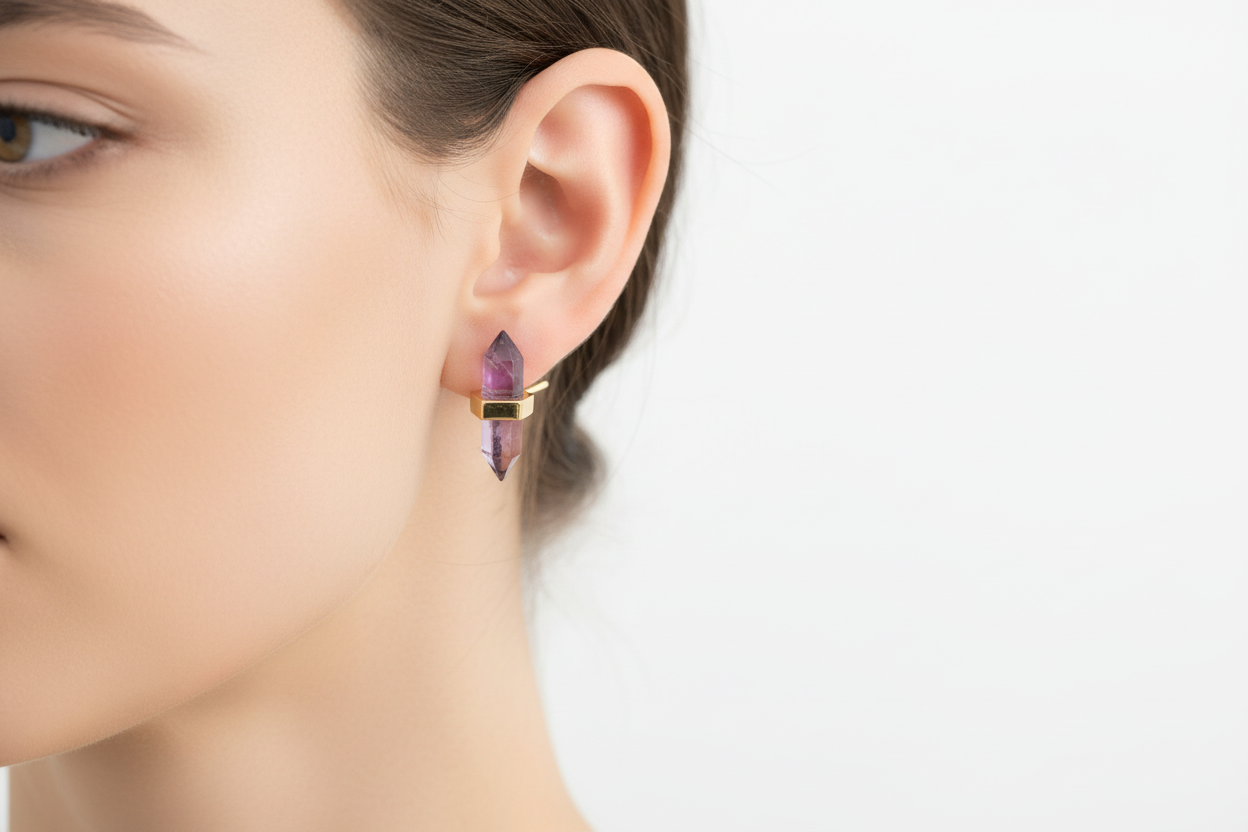 Model wearing amethyst crystal earrings