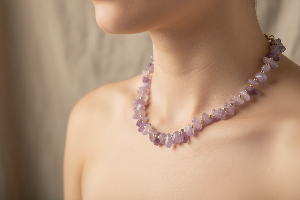 Model wearing amethyst necklace close-up