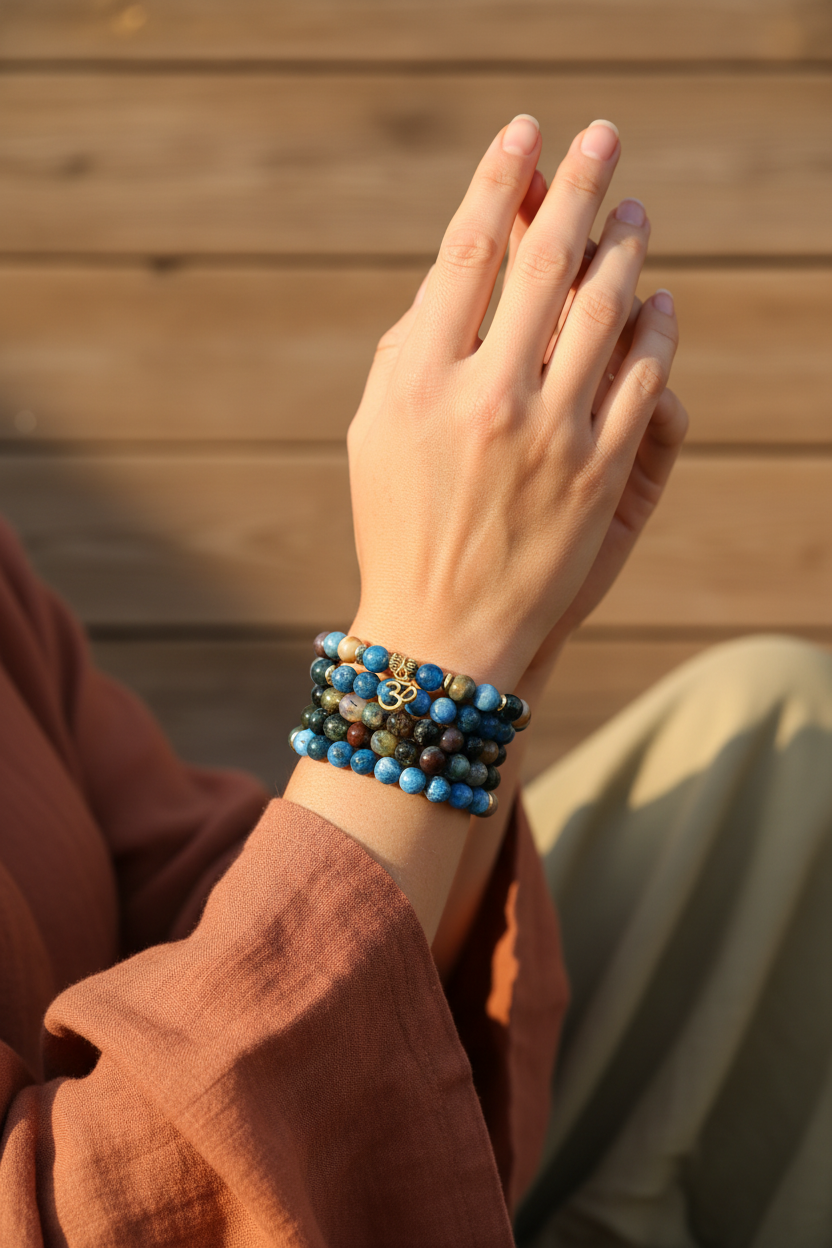 Model wearing Apatite & Indian Agate Om Mala