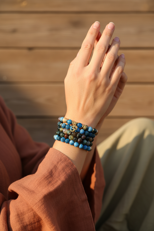 Model wearing Apatite & Indian Agate Om Mala
