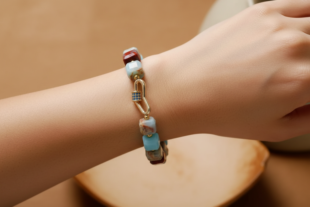 Model wearing beaded bracelet