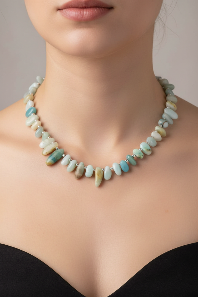 Model wearing chunky amazonite necklace