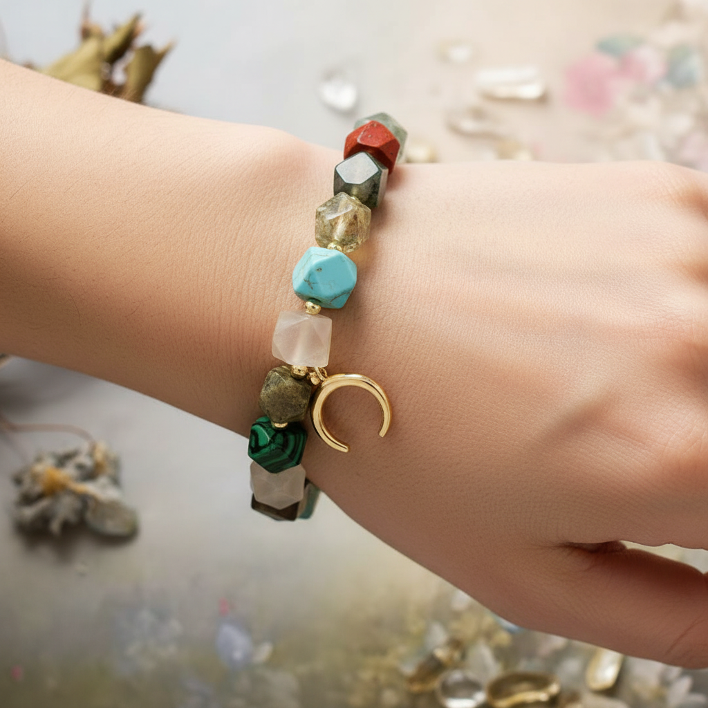 Model wearing gemstone bracelet
