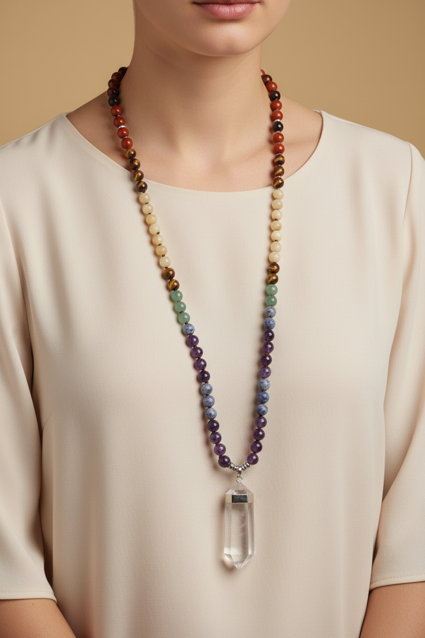 Model wearing gemstone mala necklace with crystal pendant