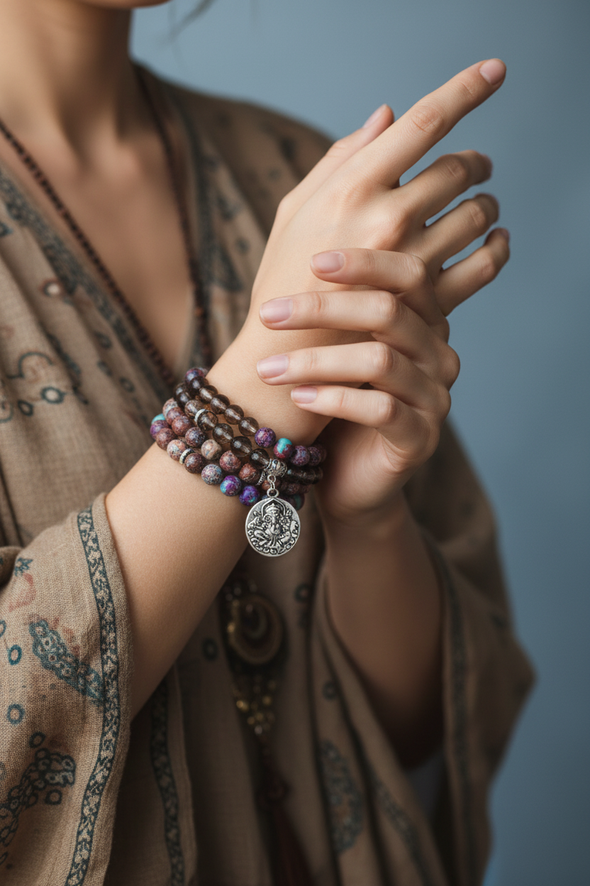 Model wearing Imperial Jasper & Smoky Quartz Ganesh Mala