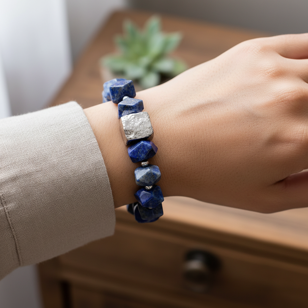 Model wearing lapis lazuli bracelet